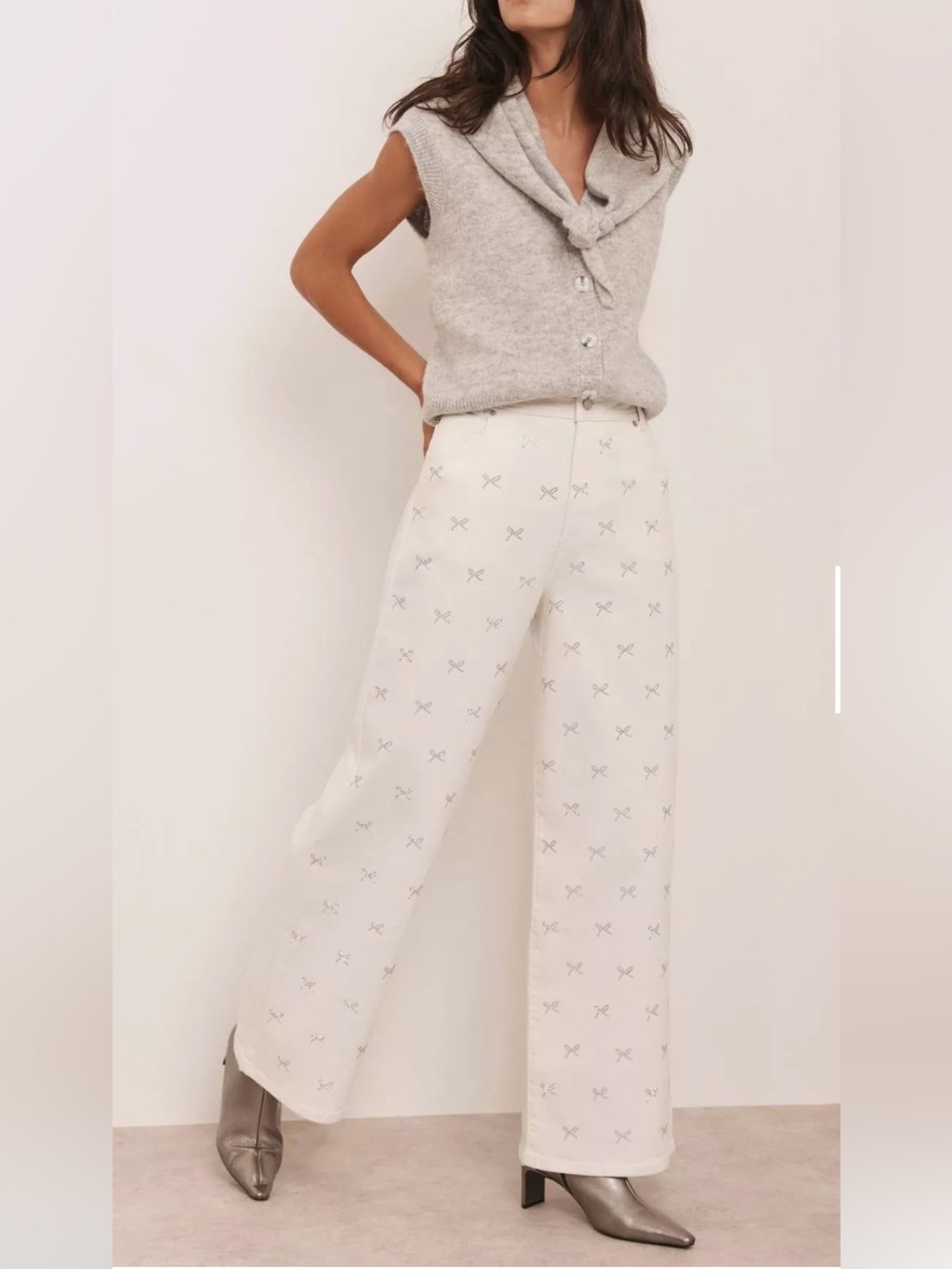 Bloomingdale’s Mint Velvet White Jeans with Rhinestone Bows